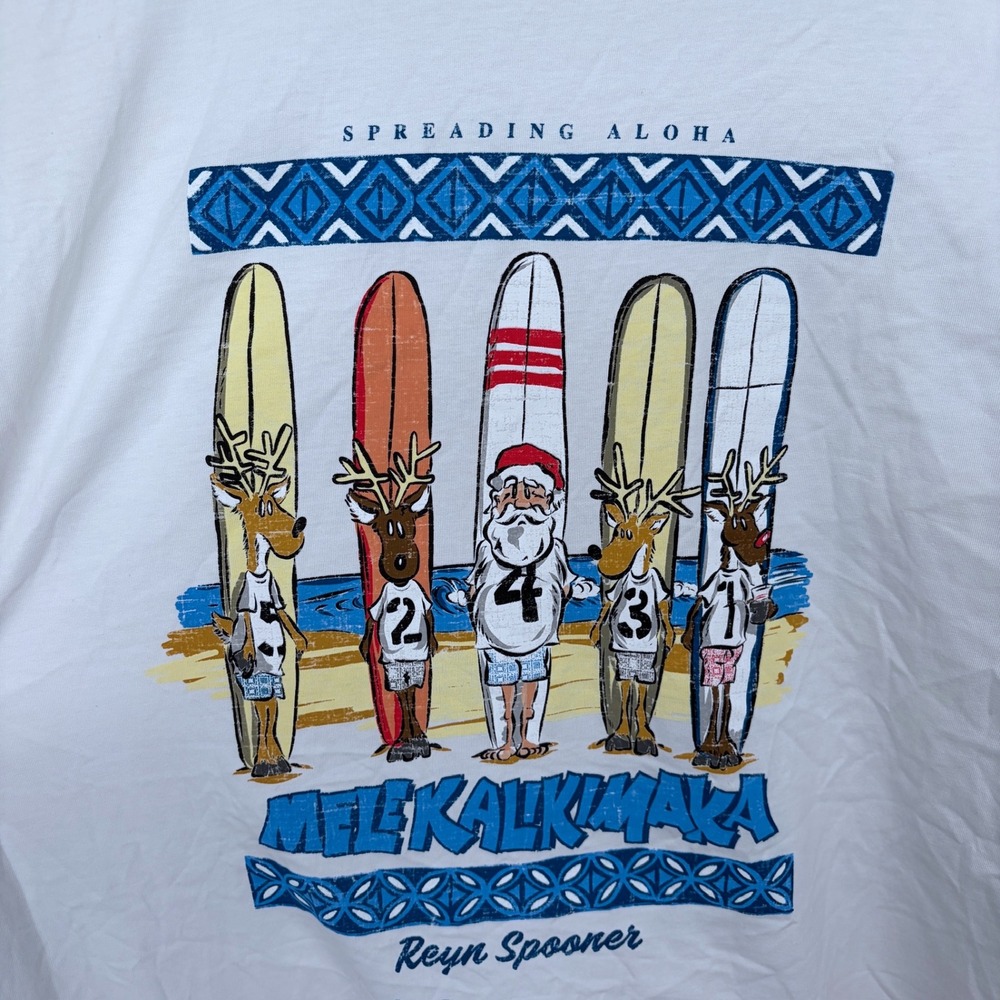 New Reyn Spooner‎ Christmas T Shirt XL Mens White Surf Mele Kalikimaka Surfboard